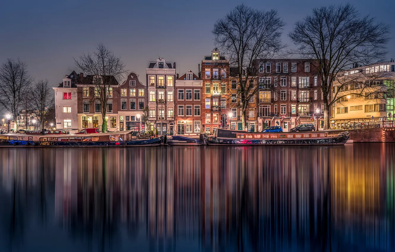 Фото обои ночь, hdr, канал, Amsterdam