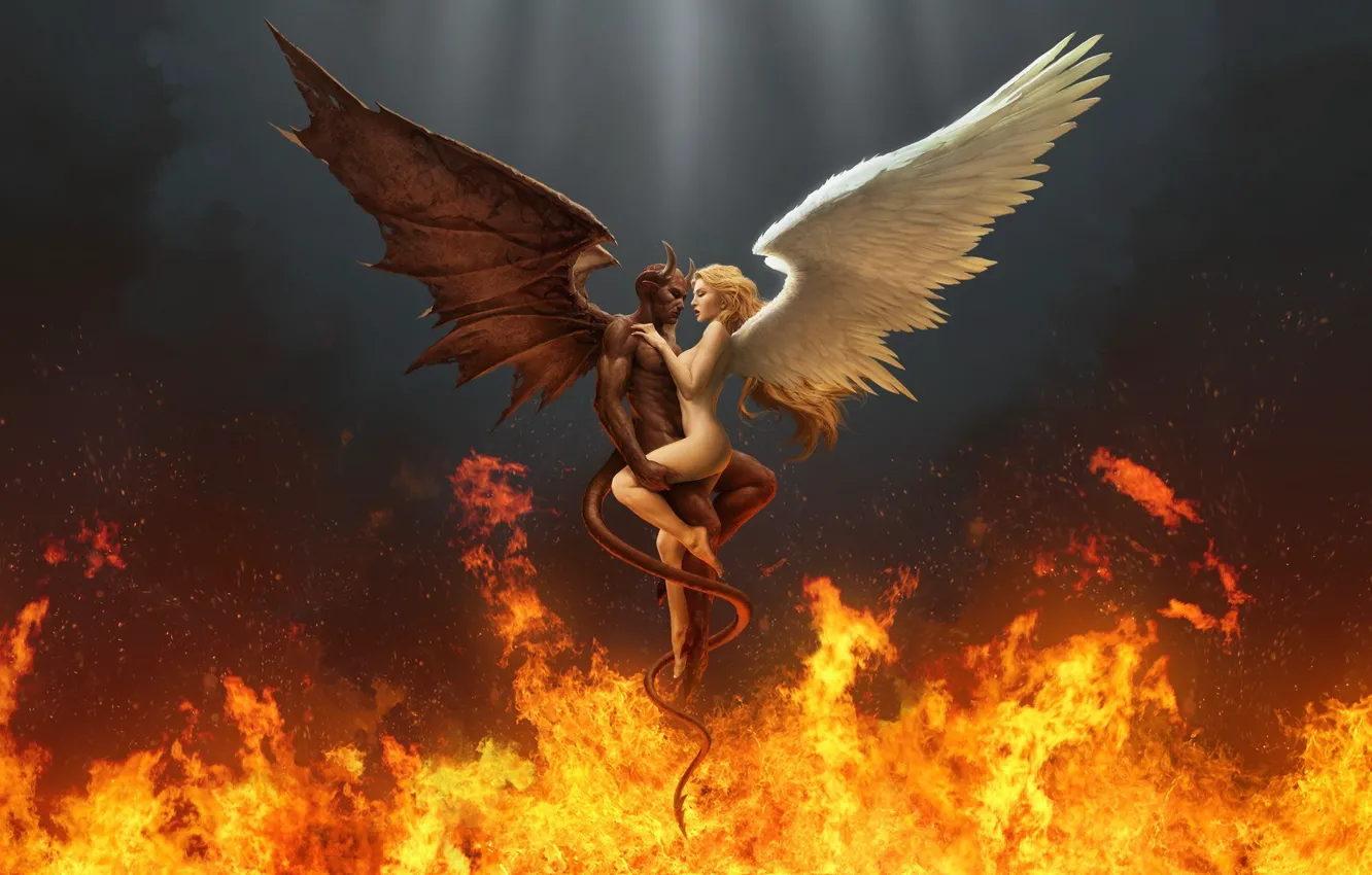 Фото обои огонь, крылья, ангел, дьявол, сплетение