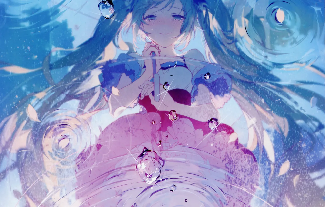 Фото обои вода, девушка, отражение, зонт, аниме, лепестки, арт, vocaloid