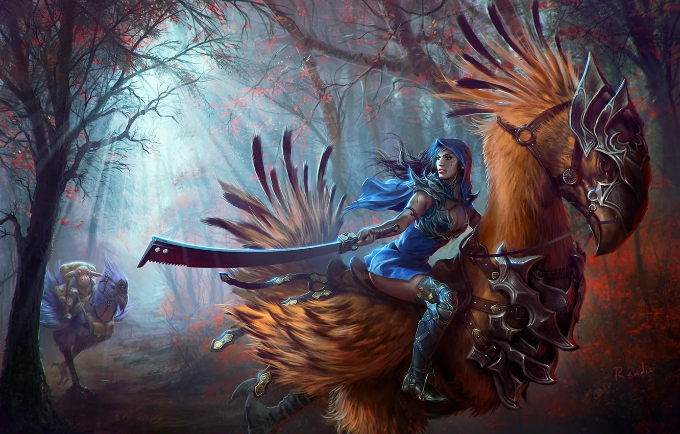 Фото обои лес, девушка, птицы, оружие, арт, final fantasy, гигантские, chocobo