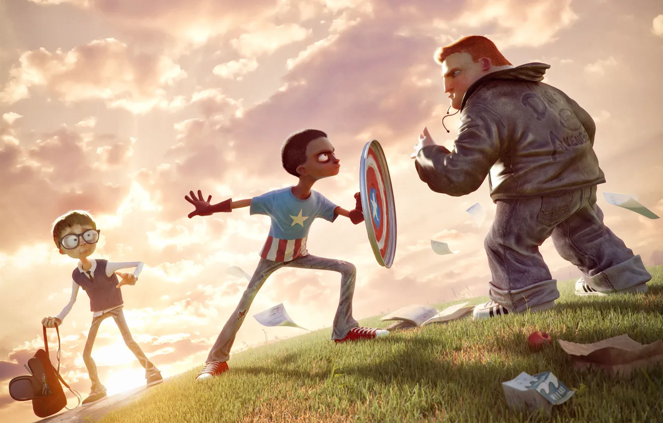 Фото обои дети, арт, герой, столкновение, защитник, Капитан Америка, captain america, scrapper