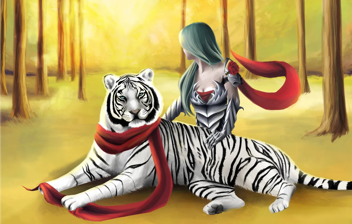 Фото обои лес, девушка, тигр