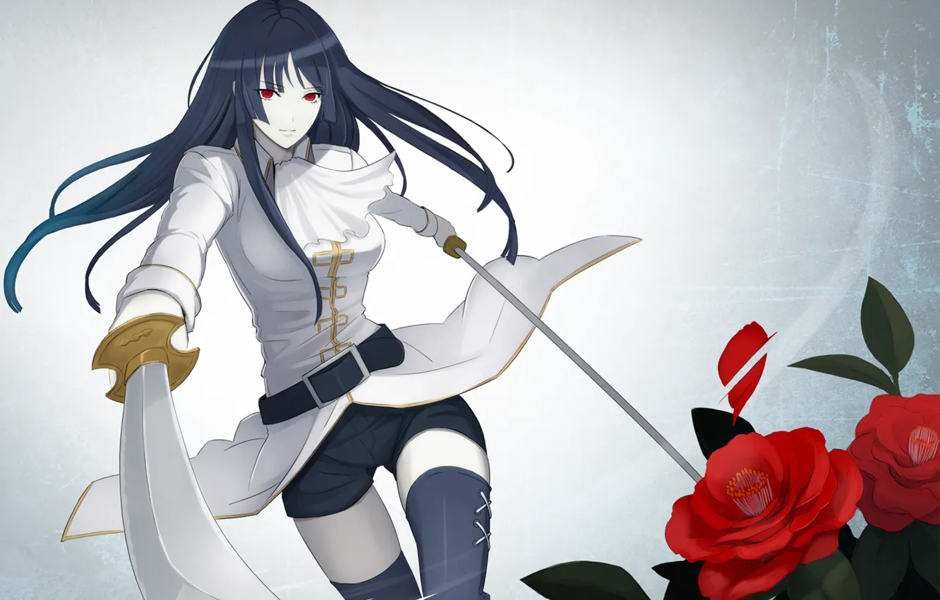 Фото обои девушка, розы, чулки, мечи, красные глаза, гинтама, Gin Tama, Imai Nobume