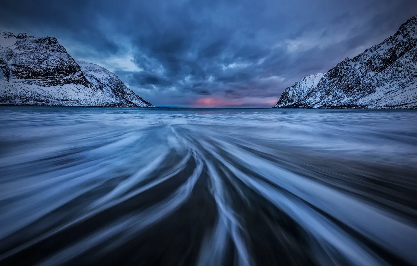 Фото обои море, небо, вода, снег, горы, фьорд