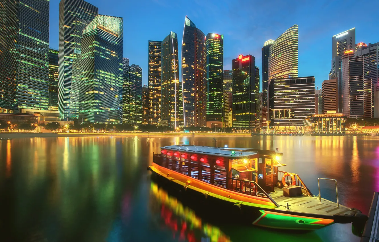 Фото обои лодка, здания, дома, залив, Сингапур, ночной город, небоскрёбы, Singapore