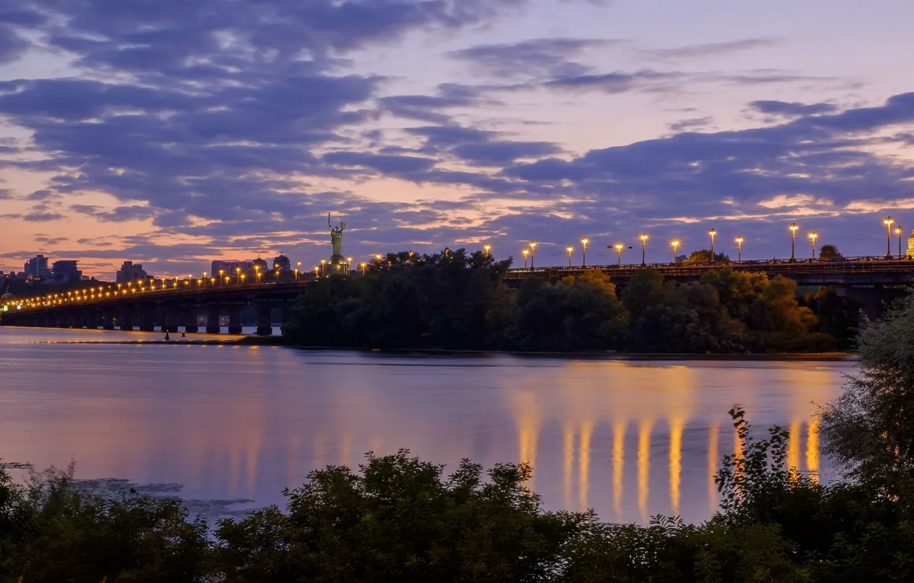 Фото обои мост, река, вечер, Украина, Киев, Днепр