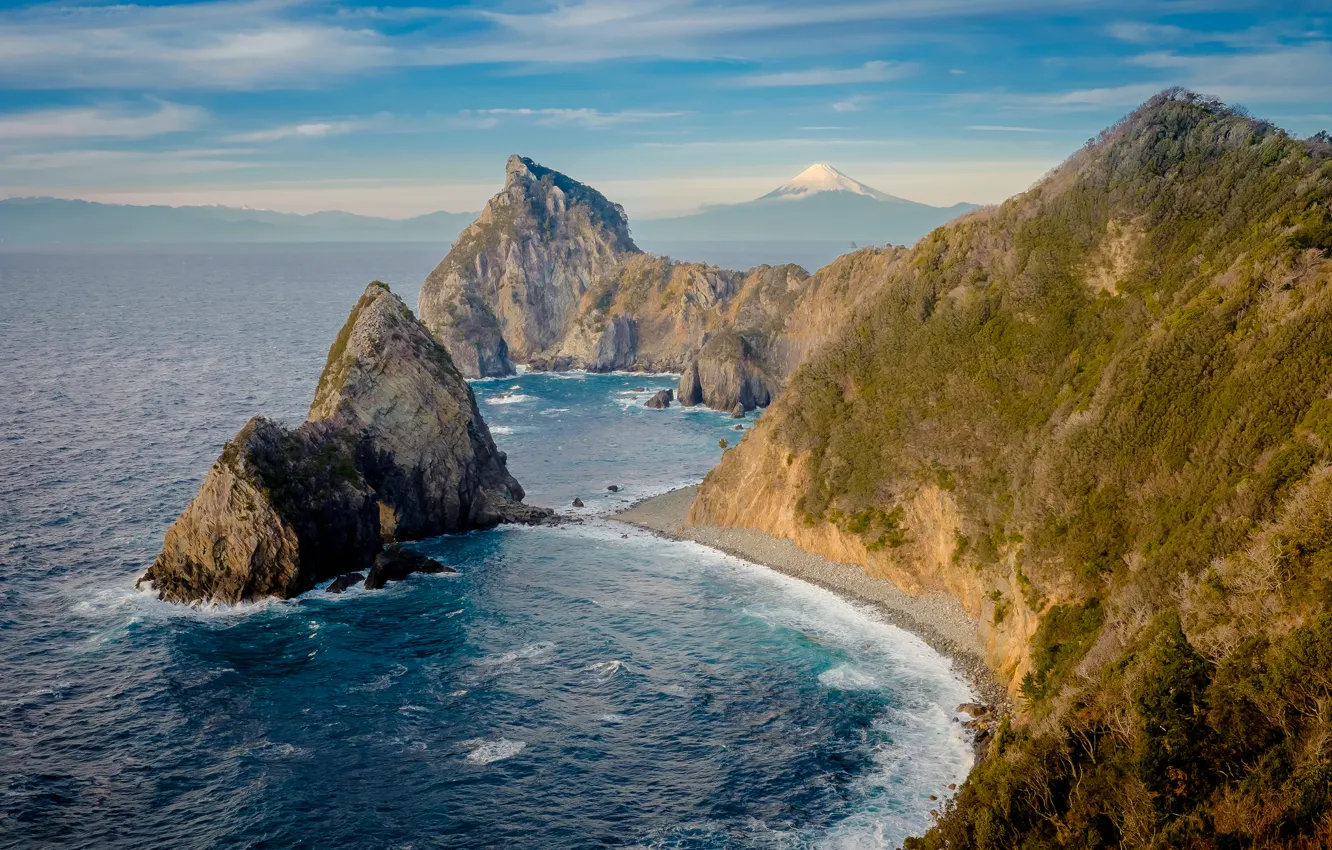 Фото обои океан, скалы, берег, гора, Япония, Фудзияма, стратовулкан, 富士山