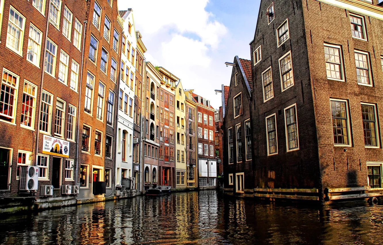 Фото обои город, дома, постройки, венецианский канал, амстердам