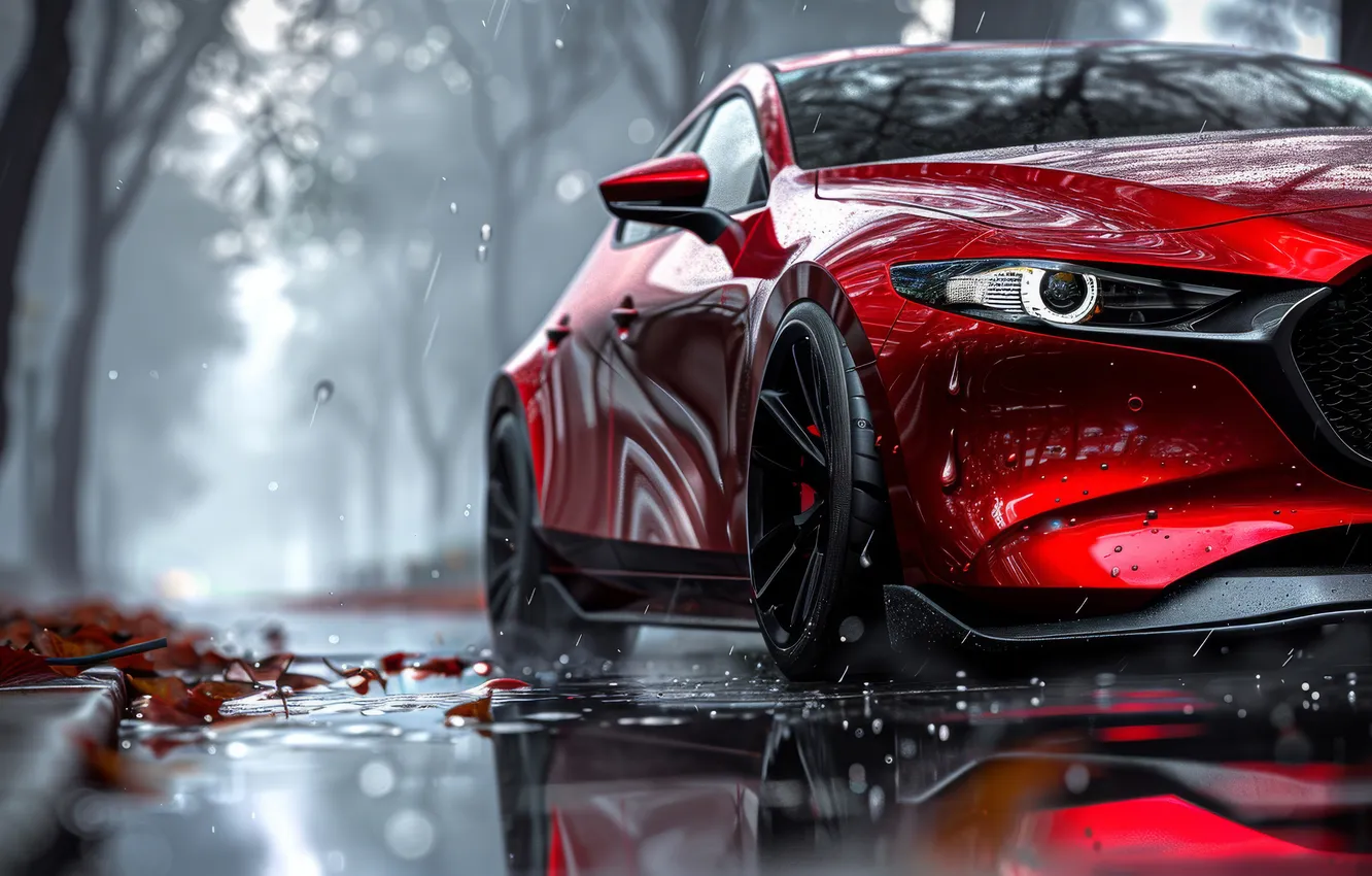 Фото обои дорога, car, туман, отражение, автомобиль, road, Mazda 3, reflection