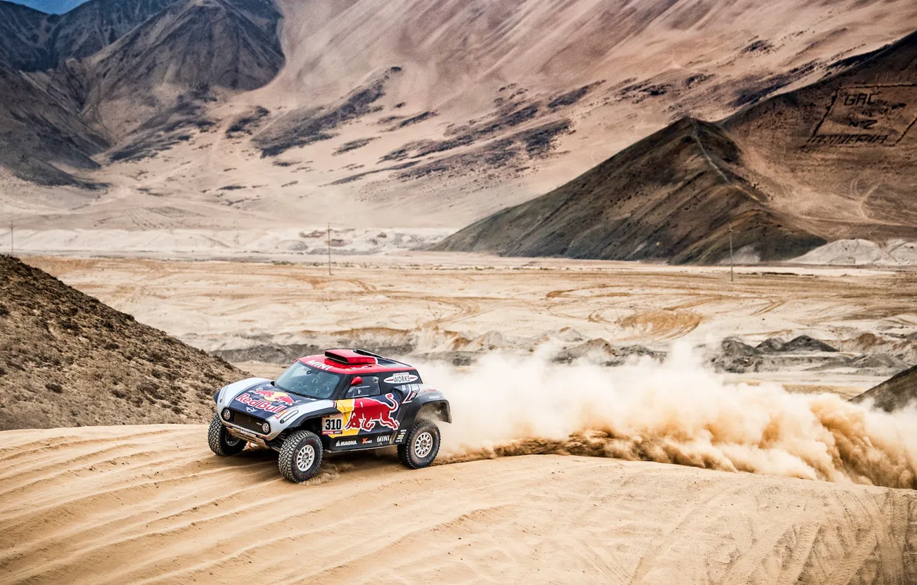 Фото обои Песок, Mini, Пустыня, Скорость, Холмы, Rally, Dakar, Дакар