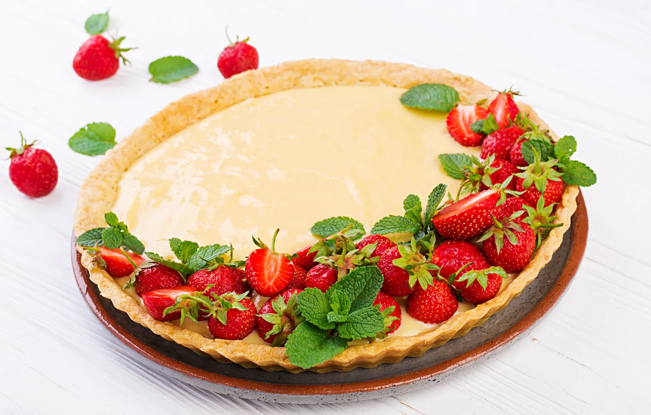 Фото обои ягоды, сыр, сливки, клубника, пирог, мята