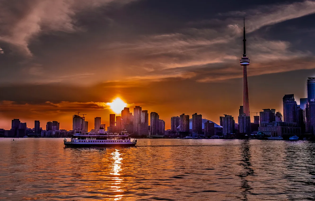 Фото обои озеро, корабль, дома, вечер, Канада, Онтарио, Торонто