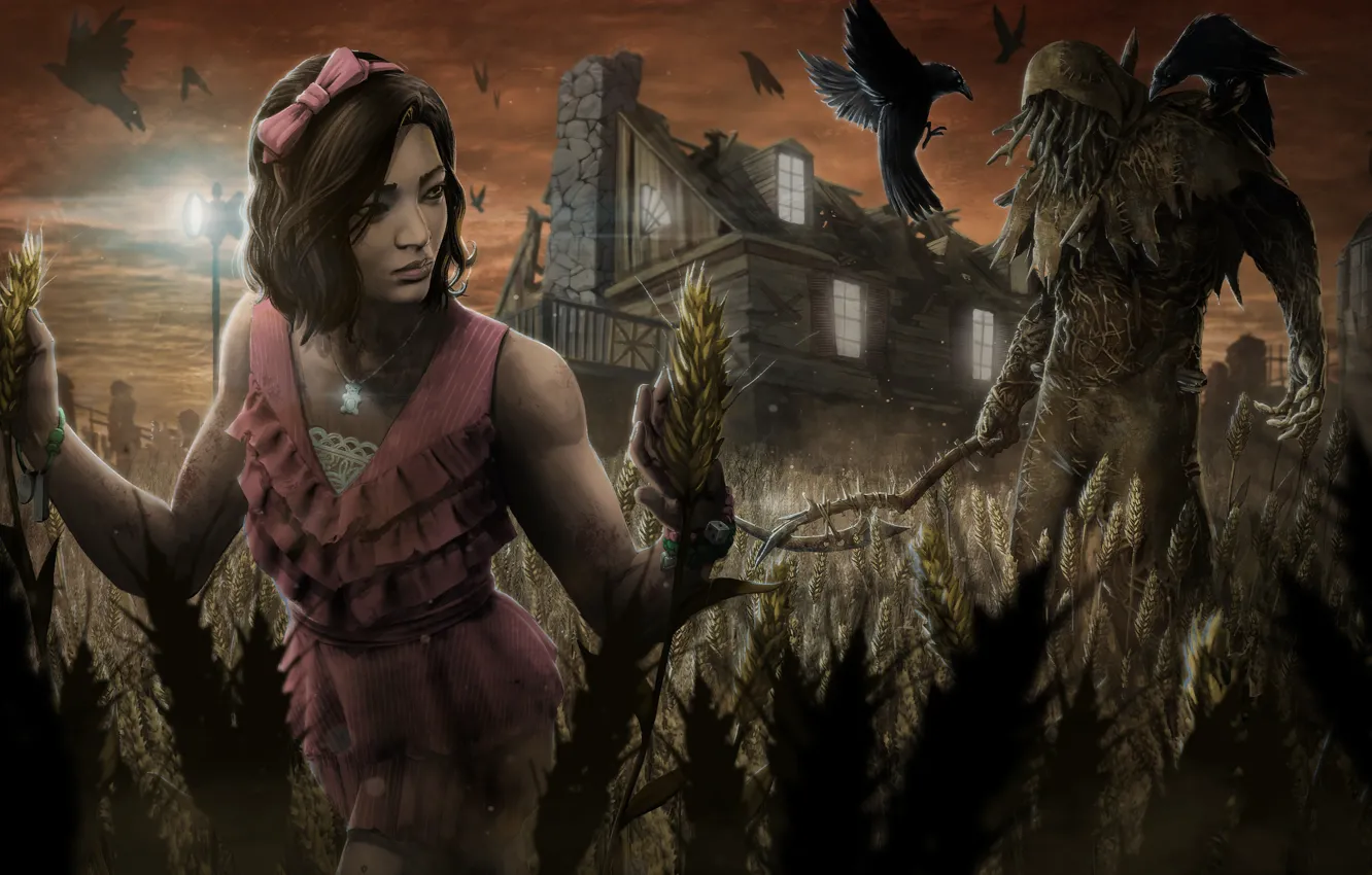 Фото обои пшеница, поле, девушка, дом, пугало, Dead by Daylight