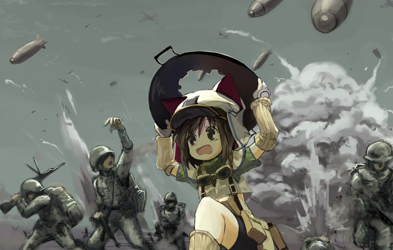 Фото обои война, девочка, солдаты, бомбы, бежит