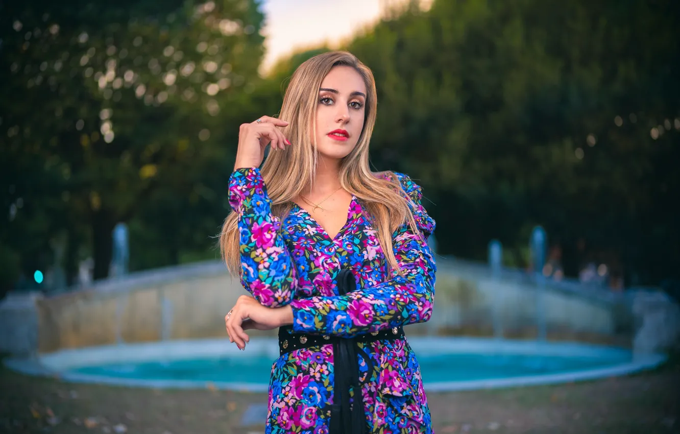 Фото обои девушка, поза, волосы, платье, фонтан, Lisa
