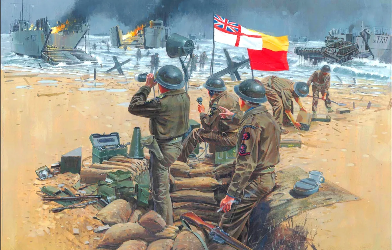 Фото обои песок, море, берег, техника, операция, военные, высадка, WW2