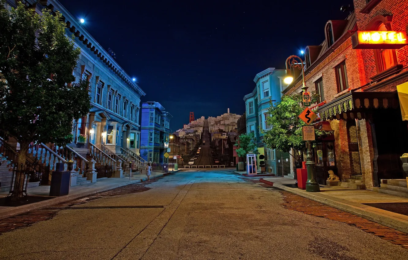 Фото обои дорога, ночь, улица, дома, Night, San Fransisco, Street