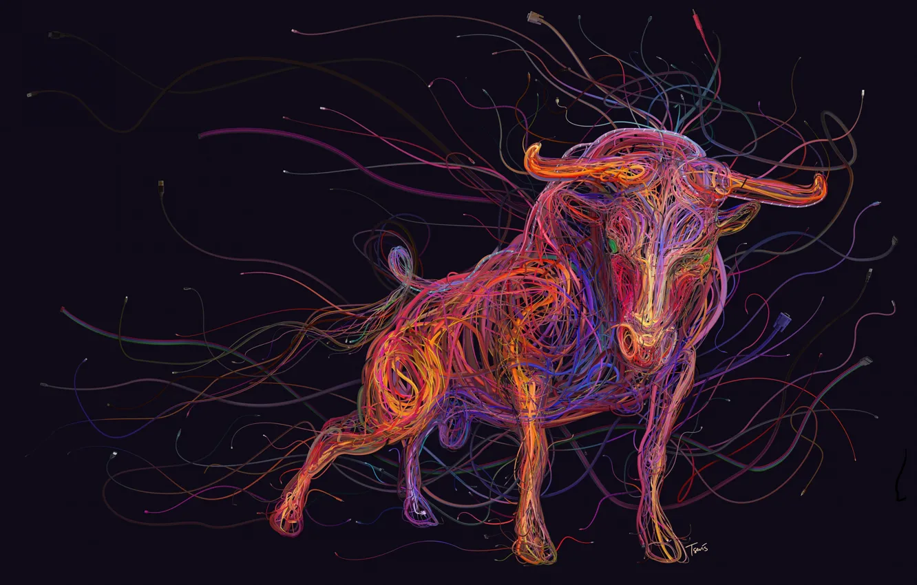 Фото обои colorful, animals, art, painting, abstraction, rendering, digital art, bull