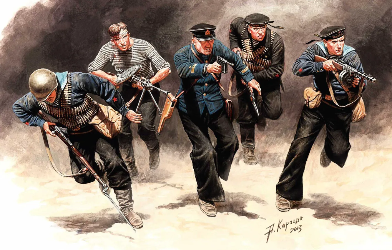 Фото обои арт, солдаты, СССР, сражение, морская, ВОВ, пехота, WW2