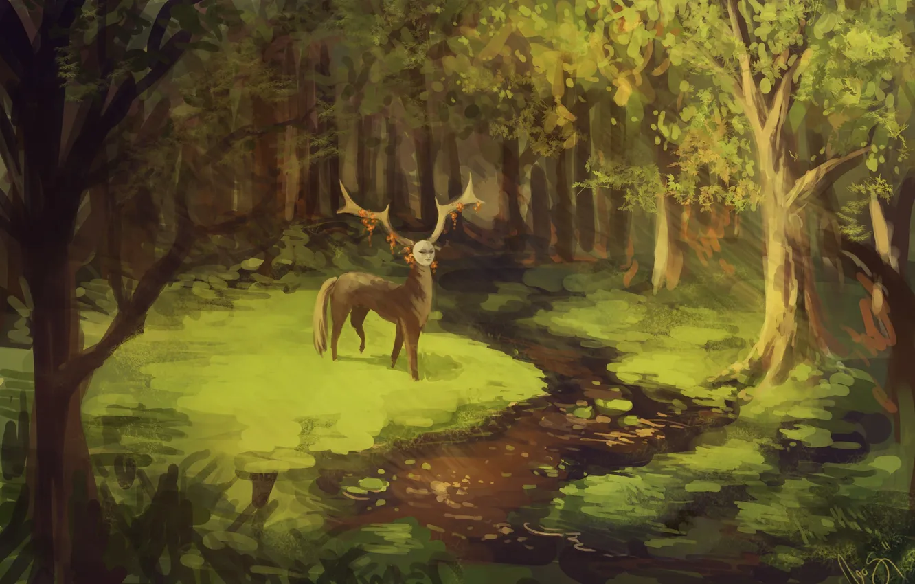 Фото обои зелень, лес, река, олень, маска, арт, нарисованный пейзаж