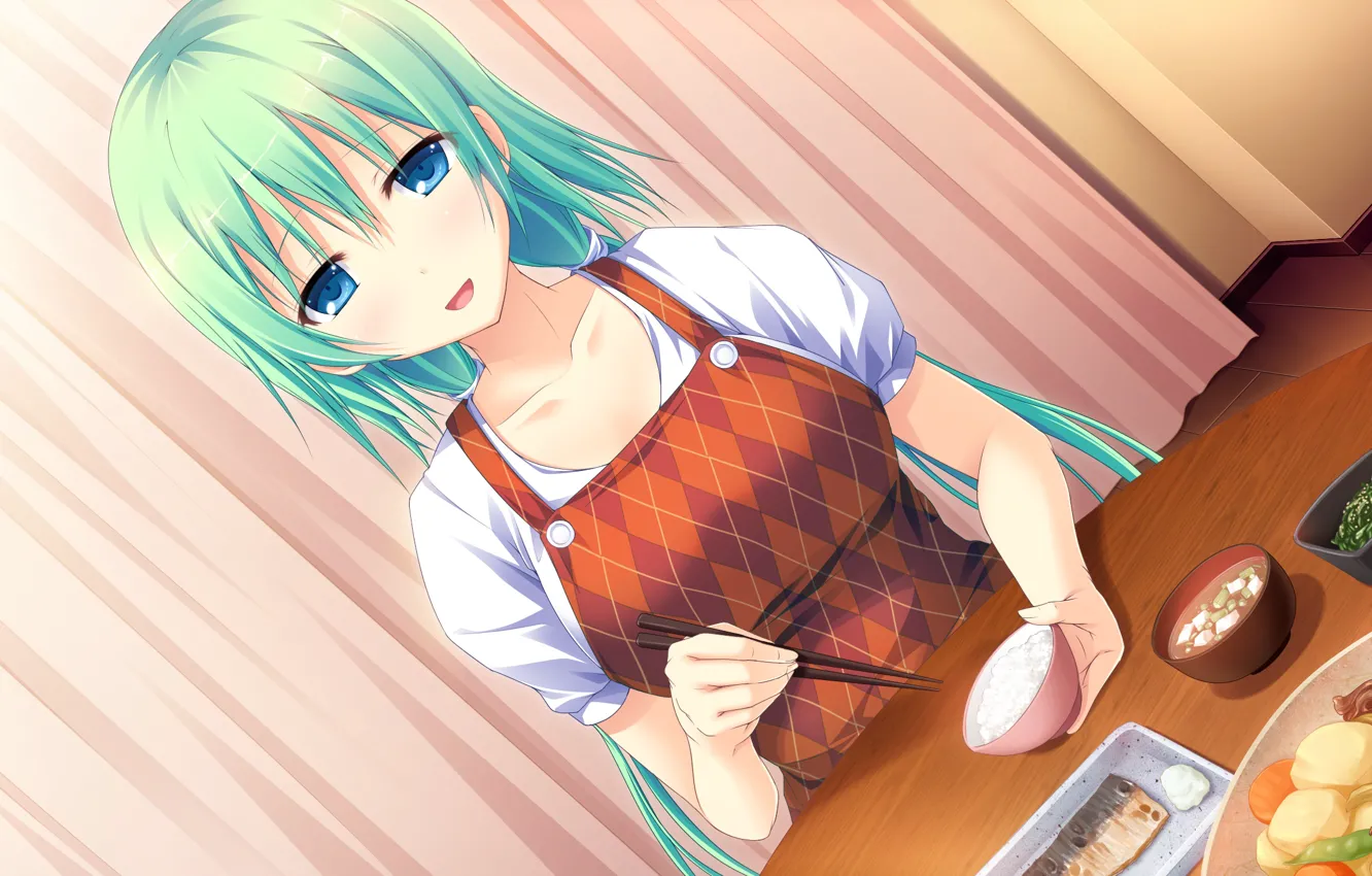 Фото обои рис, голубые глаза, зеленые волосы, в комнате, фартук, visual novel, за столиком, палочки для еды