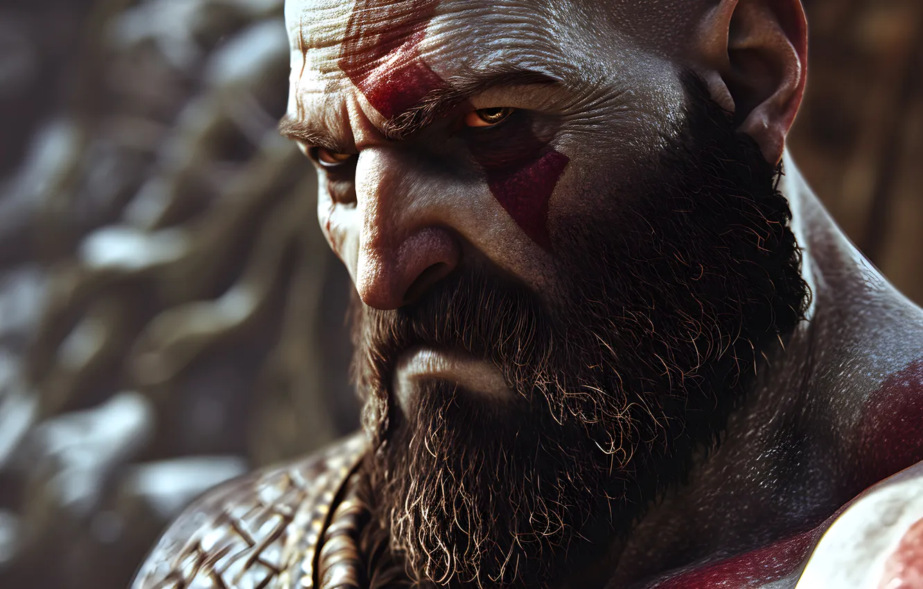 Фото обои god of war, weapon, kratos, sony, man, face, blade, cool