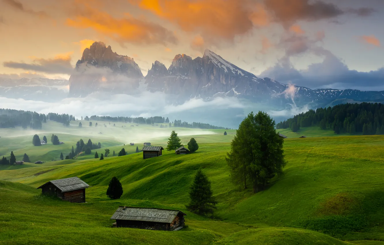 Фото обои house, grass, sky, trees, field, landscape, nature, mountains