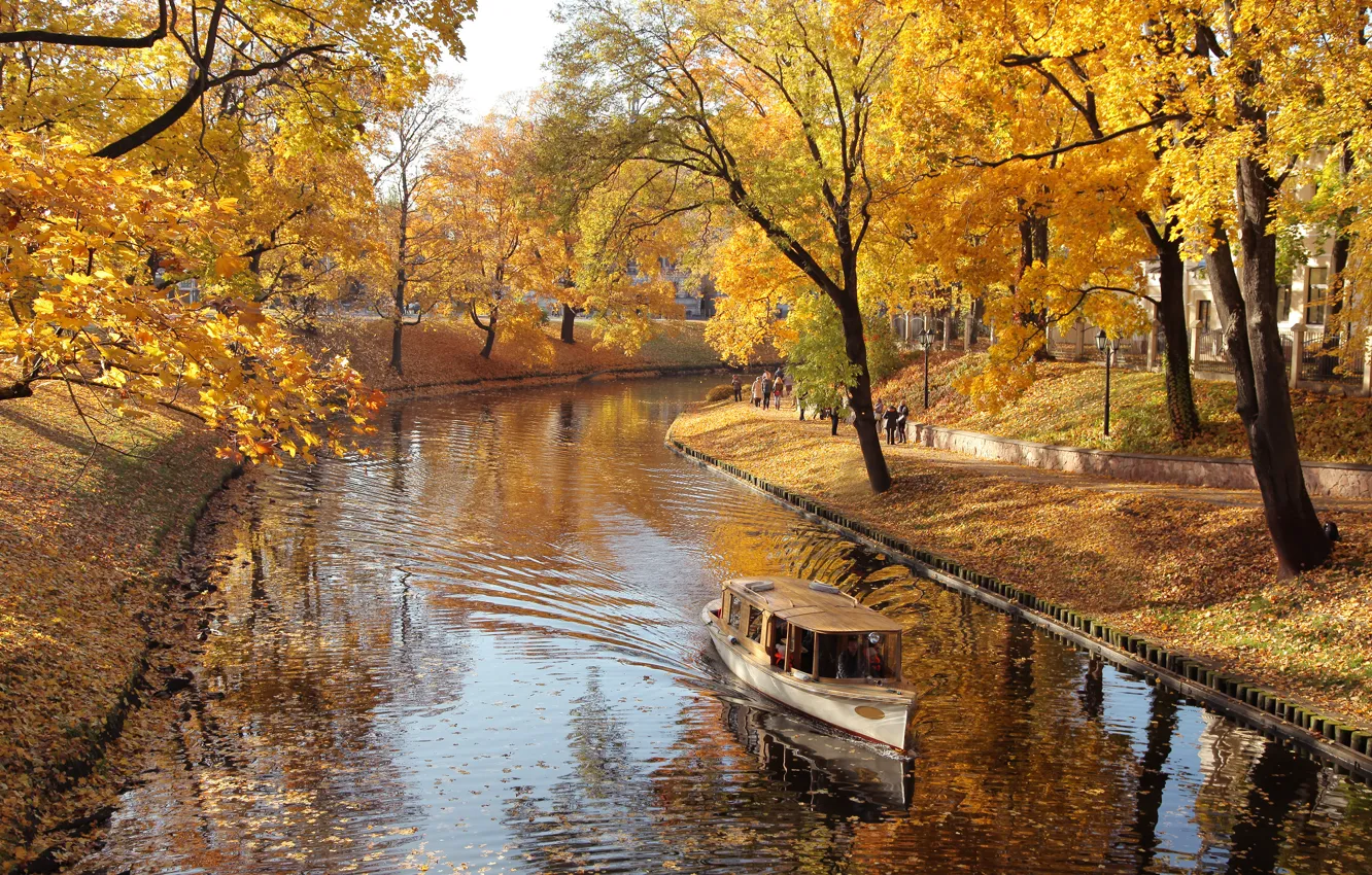 Фото обои осень, деревья, природа, парк, река, лодка, листопад, river