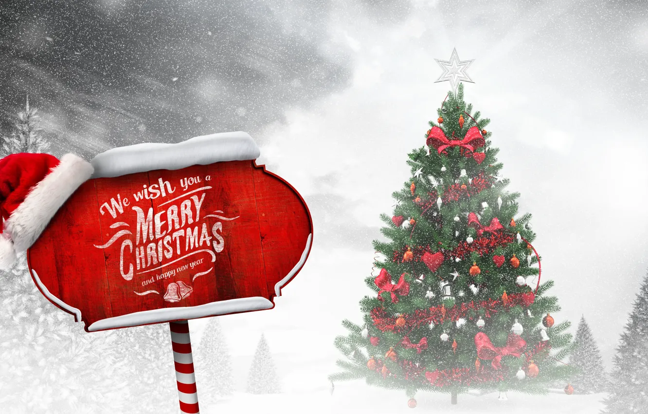 Фото обои зима, снег, игрушки, елка, Новый Год, Рождество, Christmas, winter