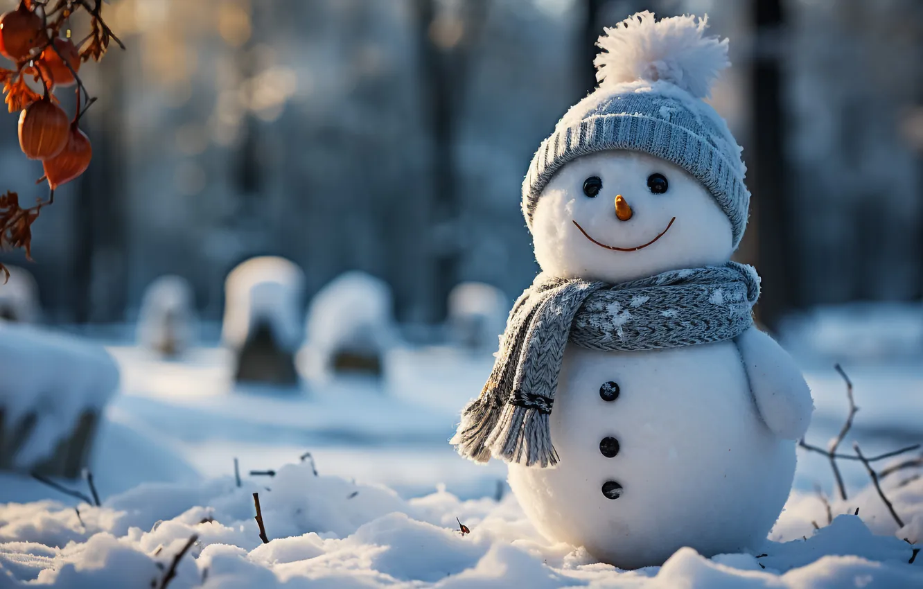 Фото обои зима, снег, Рождество, Новый год, снеговик, Christmas, winter, snow