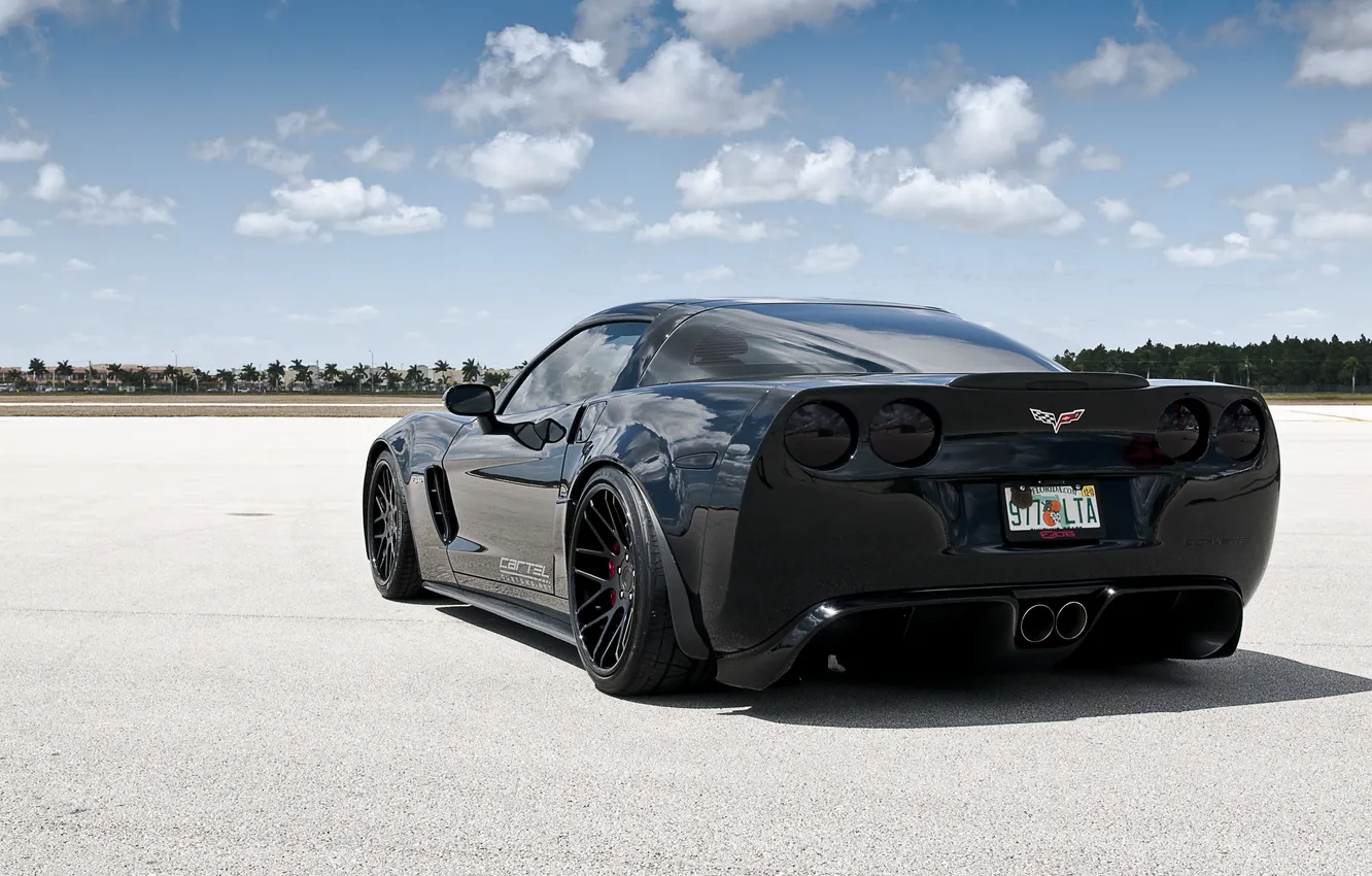Фото обои чёрный, Z06, Corvette, Chevrolet, шевроле, black, корвет, задняя часть