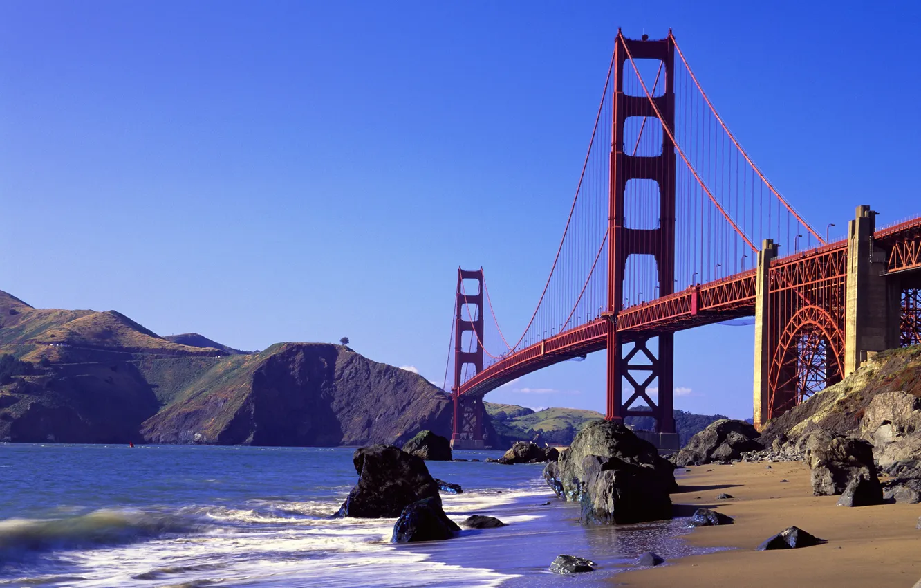 Фото обои волны, камни, океан, даль, Мост, Калифорния, чистое небо