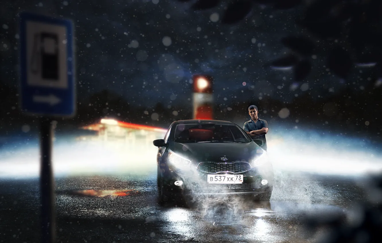 Фото обои машина, авто, свет, снег, ночь, дым, kia, ceed
