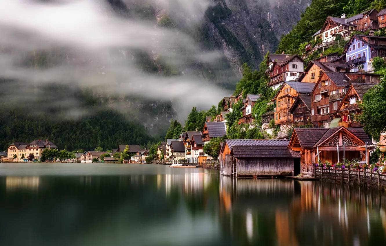 Фото обои озеро, дома, Австрия, Austria, Hallstatt, Гальштатское озеро, Гальштат, Lake Hallstatt
