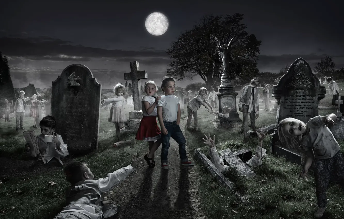 Фото обои ночь, кладбище, Happy Halloween