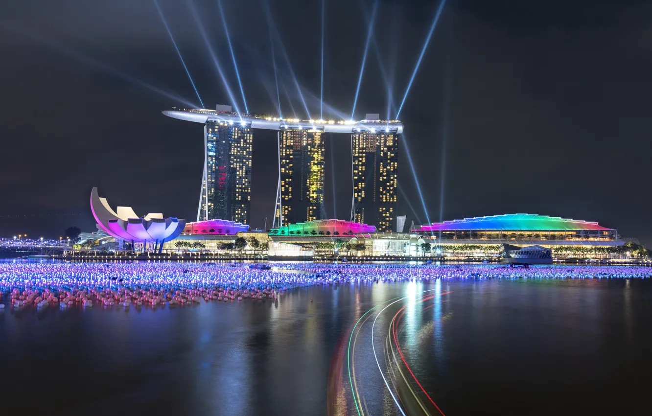 Фото обои lights, огни, небоскребы, Сингапур, архитектура, мегаполис, blue, night