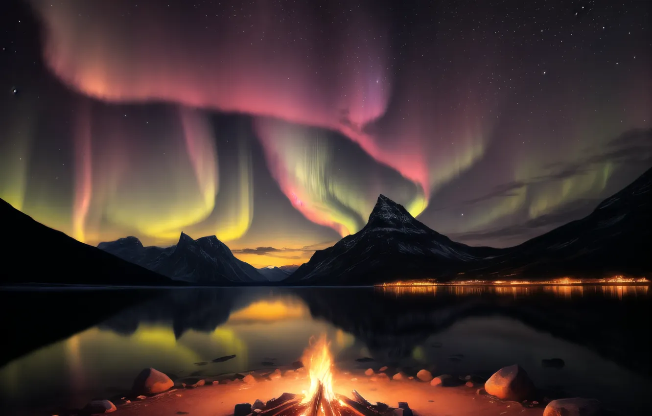 Фото обои sunset, Norway, campfire, AI art