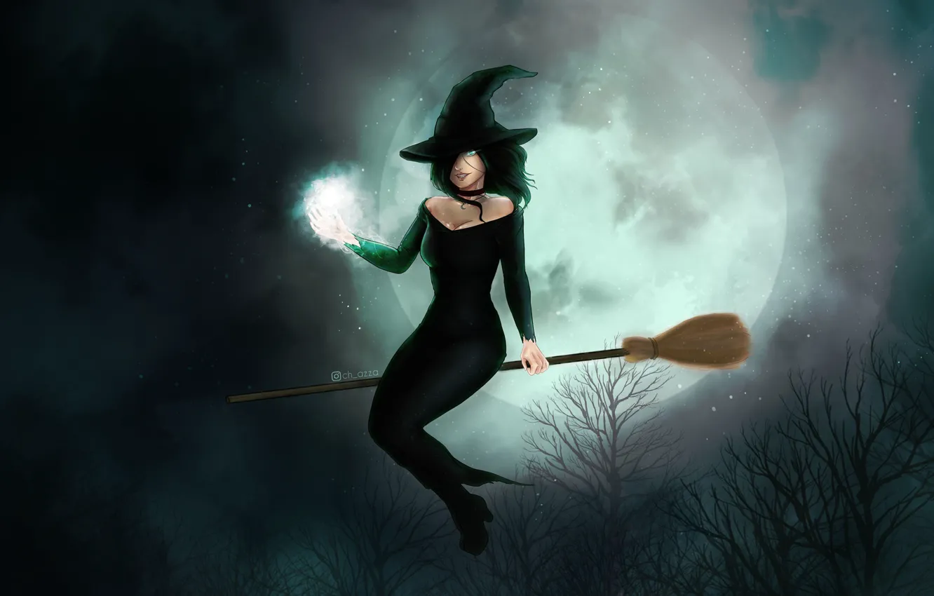 Фото обои Ночь, Рисунок, Луна, Ведьма, Halloween, Арт, Illustration, Characters