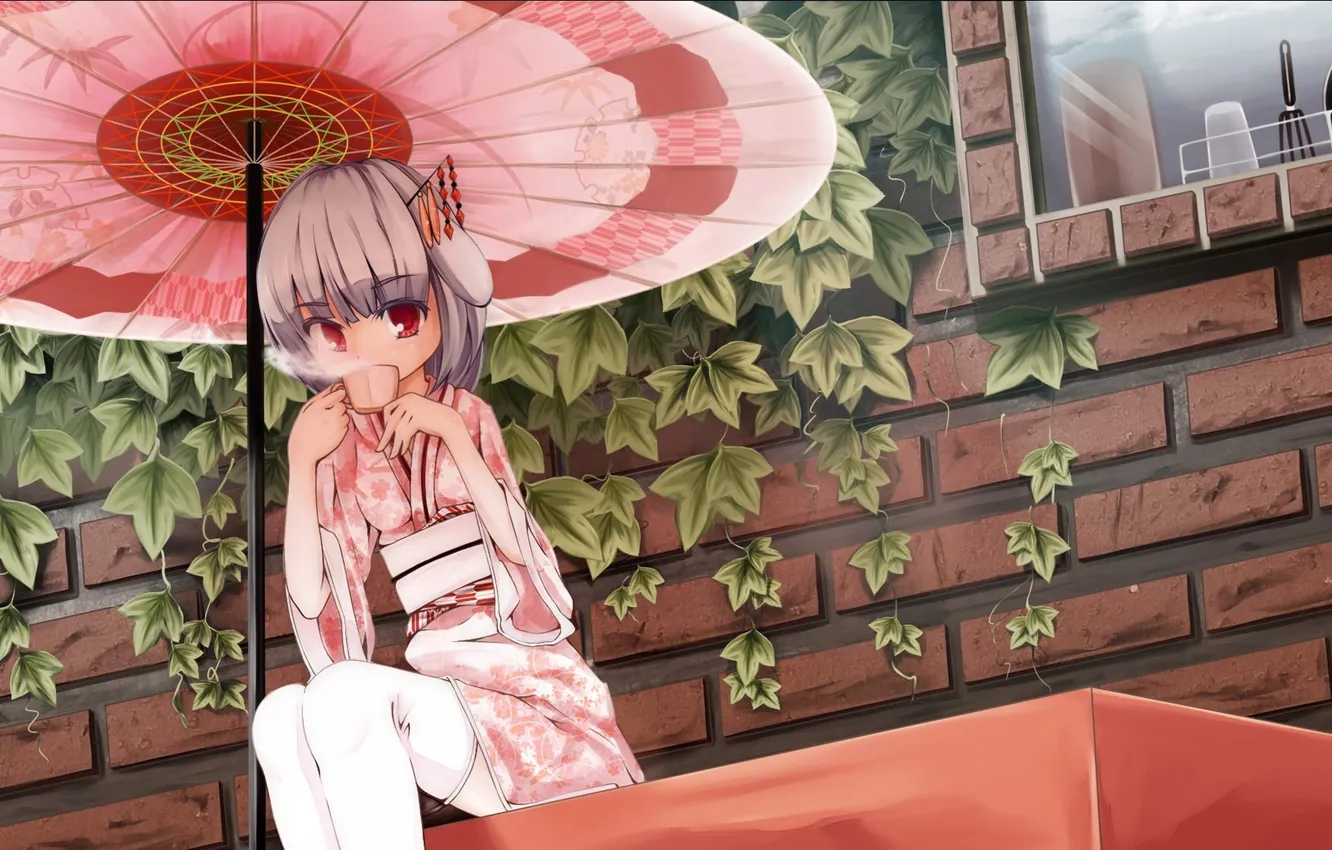 Фото обои дом, чай, зонт, арт, девочка, кимоно, уши, ilis