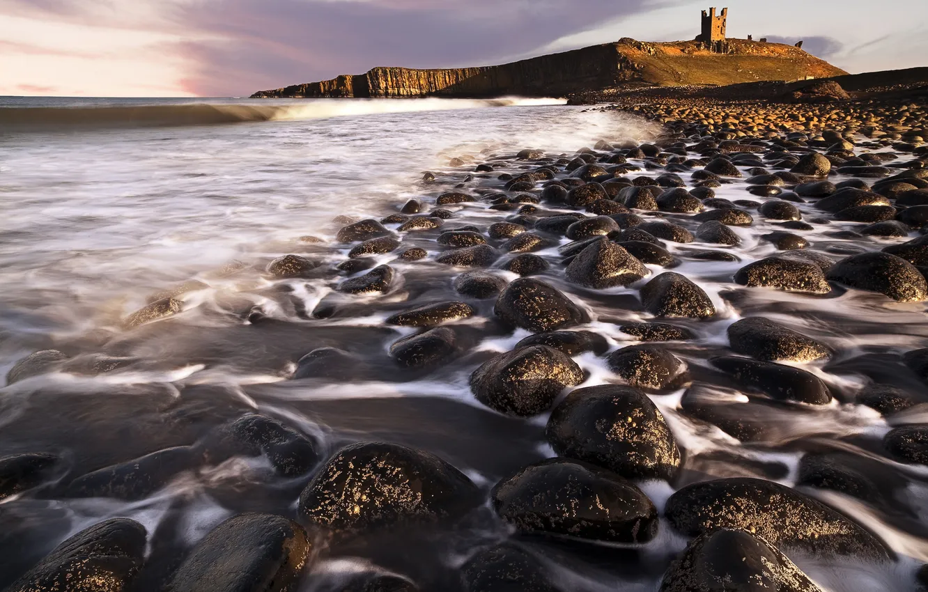 Фото обои море, волны, природа, камни, скалы, берег, крепость, потоки