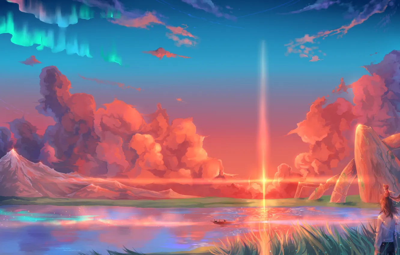 Фото обои трава, солнце, облака, горы, река, лодка, человек, зверёк