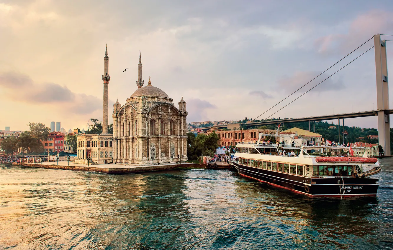 Фото обои мост, мечеть, Стамбул, Турция, Istanbul, теплоход, Turkey, Bosporus