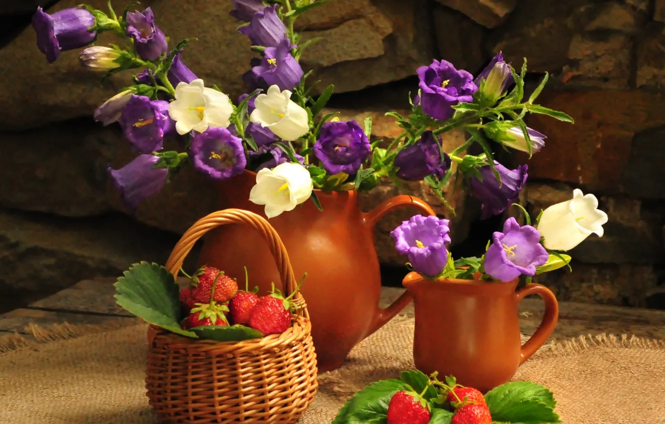 Фото обои цветок, лето, цветы, природа, корзина, букет, клубника, ягода