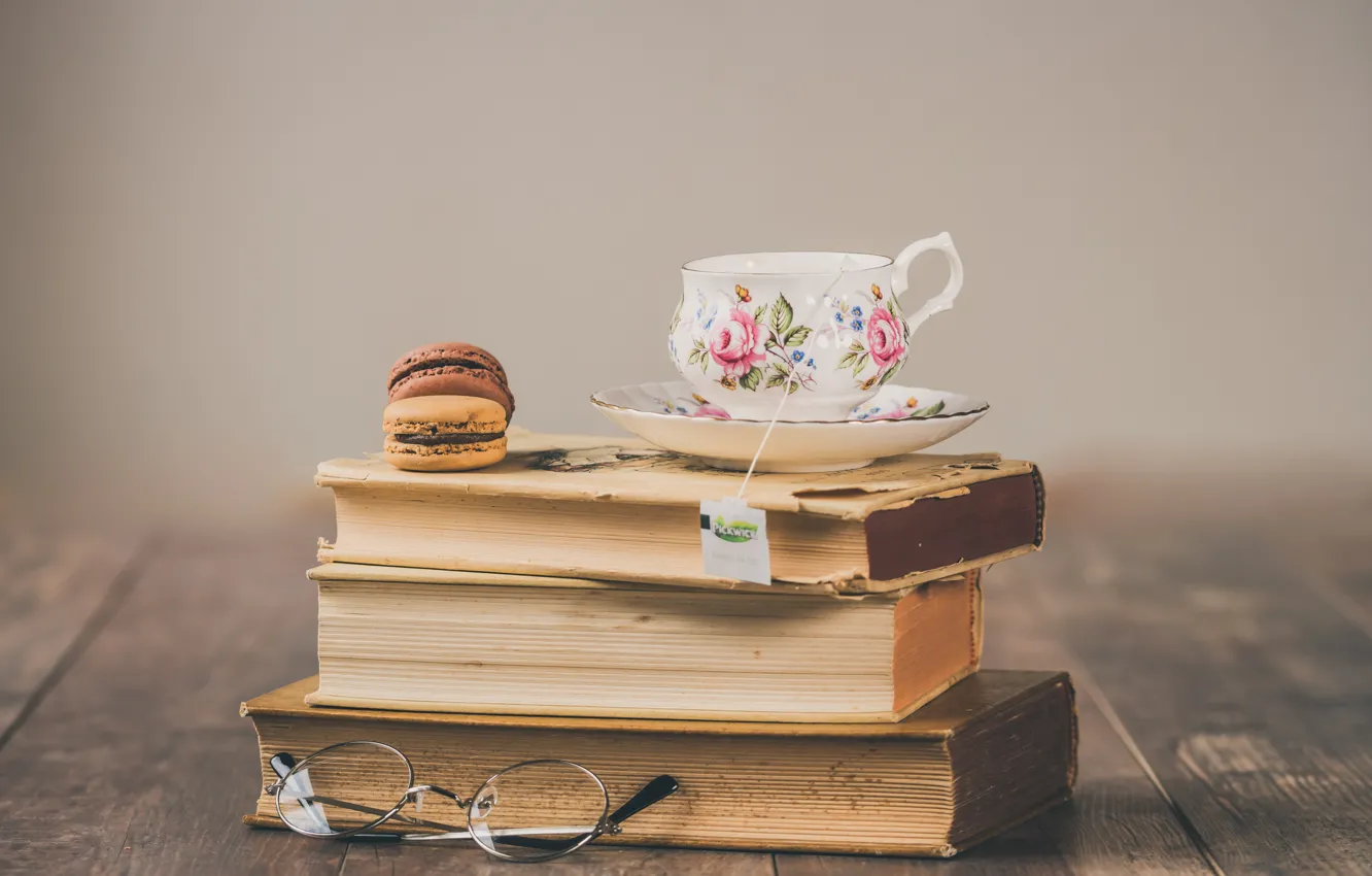 Фото обои ретро, чай, книги, macaron