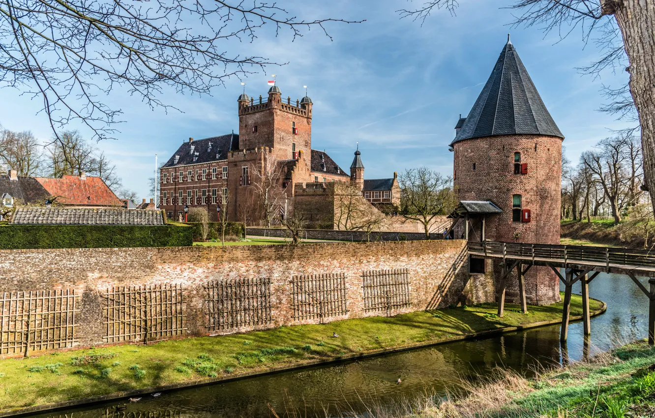 Фото обои замок, канал, башни, Нидерланды, Bergh