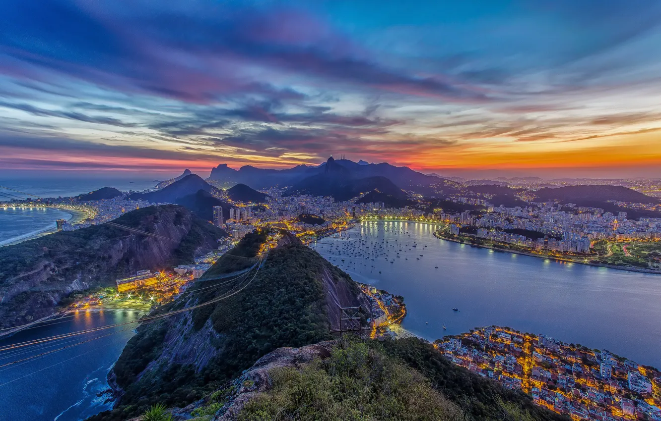 Фото обои закат, горы, город, океан, дома, бухта, яхты, Рио-де-Жанейро
