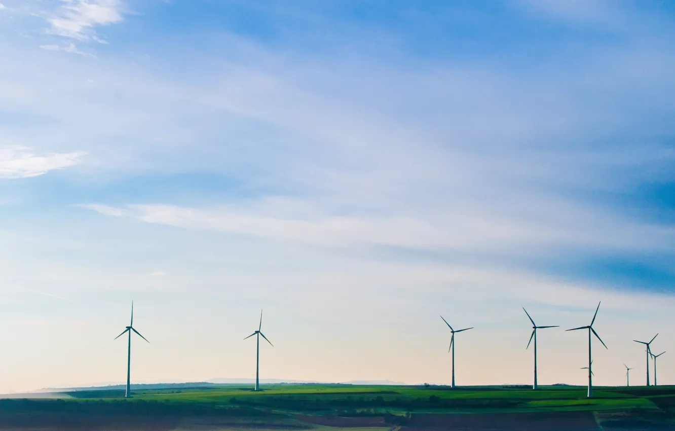 Фото обои grass, sky, nature, clouds, wind turbines, green electricity