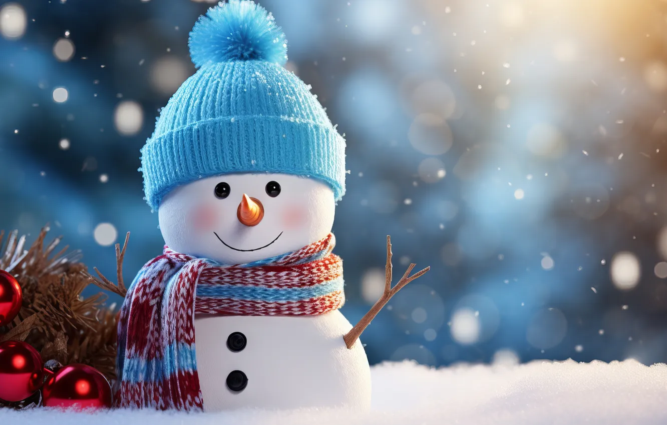 Фото обои зима, снег, украшения, Рождество, Новый год, снеговик, happy, Christmas