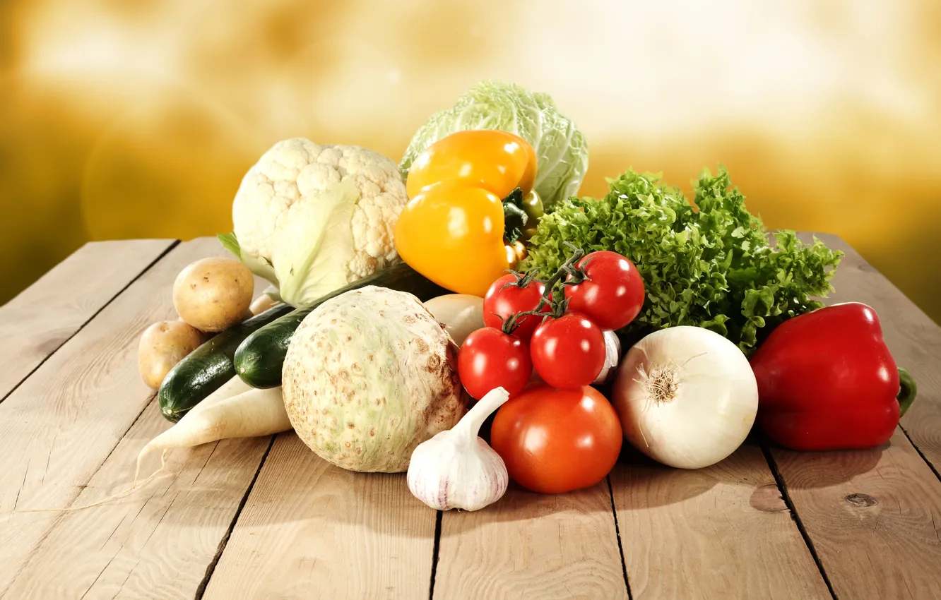 Фото обои перец, овощи, помидоры, капуста, огурцы, чеснок, редька
