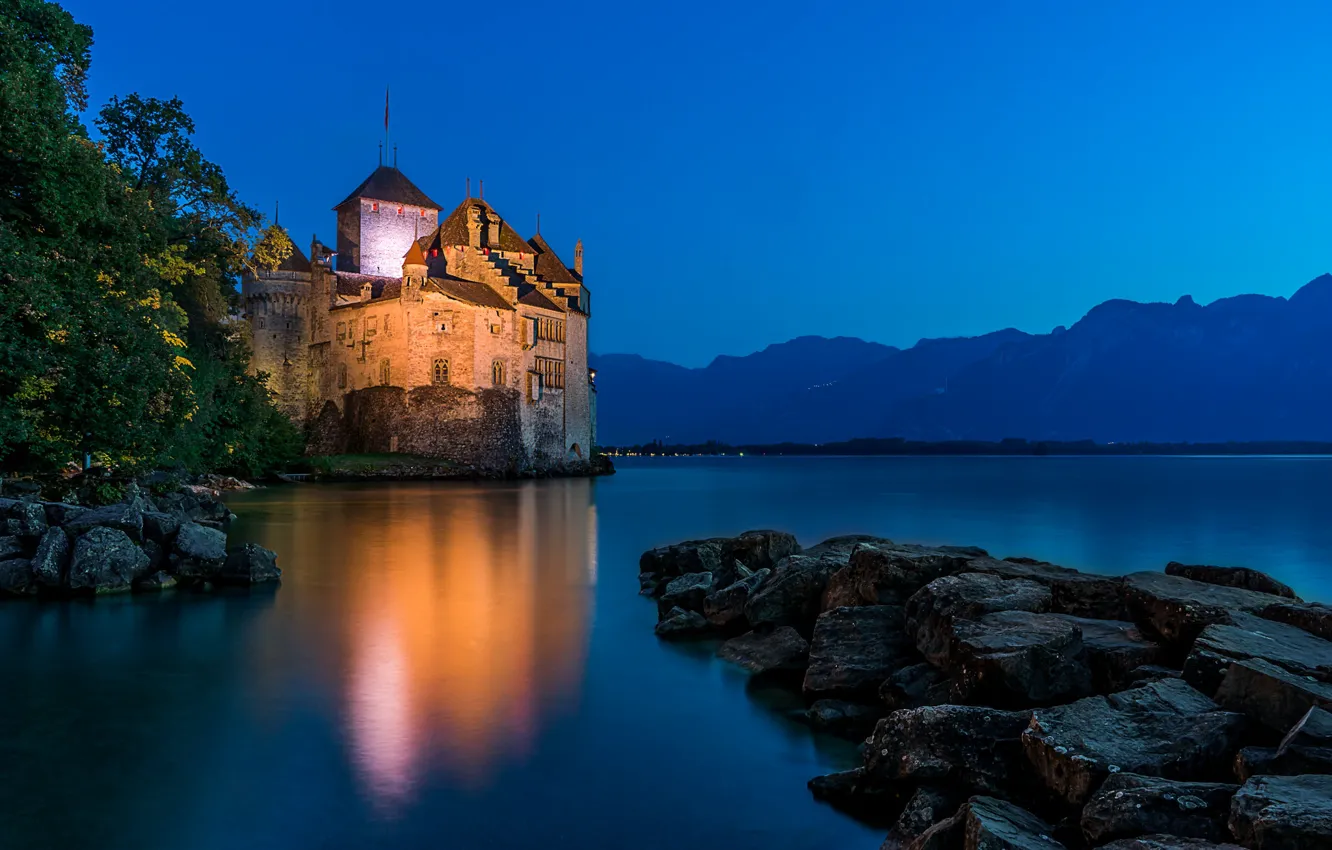Фото обои горы, озеро, камни, замок, Швейцария, Альпы, Switzerland, Alps